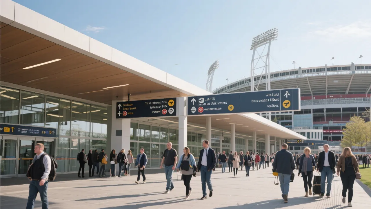 升级后的交通枢纽与球迷动线示意，现代城市服务氛围